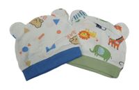 2x - Žebrovaná čepice s oušky - Bílo/modrá s medvídky, bílo/khaki se zvířátky 