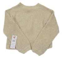 Nové - smetanovo-zlatý melírovaný chlpatý oversize crop sveter F&F