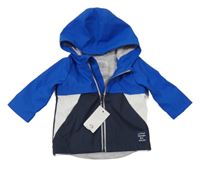 Nové - cobaltově modro-bílo-tmavomodrá nepromokavá podzimní bunda s nášivkou a kapucí F&F