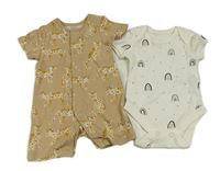 2set - Béžový bavlnený kraťasový overal s gepardy + biele bodkovaná é body s duhami