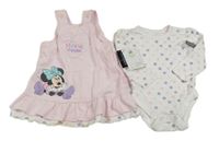 Nové - 2set - Světlerůžové manšestrové laclové šaty s Minnie + bílé puntíkaté body St. Bernard