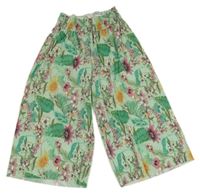 Zelené kvetované plisované culottes nohavice