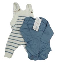 Nové - 2set - Bílo-modré pruhované pletené laclové tepláky + modrošedé body F&F