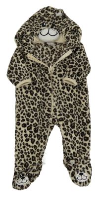 Béžovo-černá vzorovaná chlupatá kombinéza s kapucí - levhart