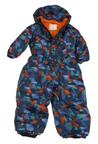 Tmavomodro-červeno-zelená vzorovaná šusťáková zimní kombinéza s kapucí Kiki&Koko