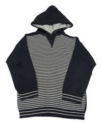 Tmavomodro-béžový pruhovaný svetr s kapucí