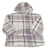 Bílo-lila kockovaná huňatá oversize mikina s kapucňou Primark