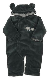 Antracitová chlupatá zateplená kombinéza se slony a kapucí