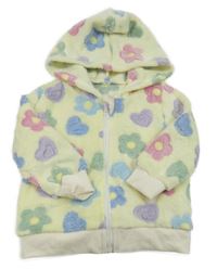 Žlutá květovaná chlupatá propínací mikina se srdíčky a kapucí