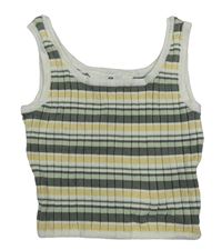 Smetanovo-kaki-žltý pruhovaný rebrovaný pletený crop top H&M