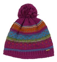 Fuchsiovo-modro-zelená pruhovaná pletená čepice s bambulí 