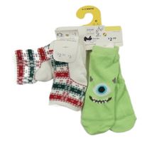 Nové - 2x ponožky - zelené s příšerkou + bílo-zeleno-červené vzorované