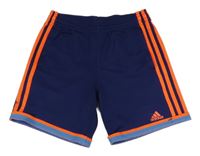 Tmavomodré sportovní funkční kraťasy s oranžovými pruhy a logem Adidas
