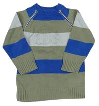 Zeleno-svetlošedá -modrý pruhovaný sveter s nápisom Tom Tailor