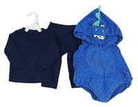 3set - Kockovaným - modré fleecové body s kapucí - dino - tmavomodré triko + legíny Carter's