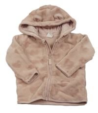 Růžová plyšová propínací mikina se srdíčky a kapucí H&M