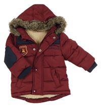 Vínovo-tmavomodrá šusťáková zimní bunda s kapucí s kožešinou Dunnes Stores