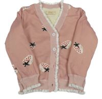 Růžový propínací zateplený svetr s jahodami 