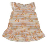 Bielo-oranžovo-farebné pruhované kvetované šaty