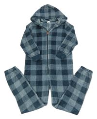 Šedomodrá plyšová kostkovaná kombinéza s kapucí HEMA