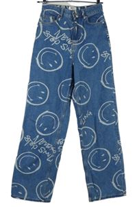 Dámské modré široké rifle se smajlíky H&M