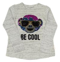 Bielo-čierna melírovaná ľahká mikina s opicí z flitrů