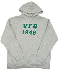 Svetlosivá melírovaná mikina so zeleným nápisom a kapucňou Fruit of the Loom