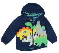 Tmavomodrá šusťáková jarní bunda s dinosaury a kapucí next