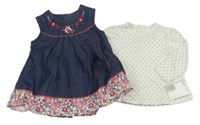 Nové - 2set - Tmavomodré riflové šaty s květovaným lemem + triko Mamas&Papas