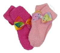 Nové - 2x růžové chlupaté ponožky s mašlí  a kamínky 