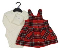 Nové - 3set - Červeno-čierne kockované šaty + body + pančuchy F&F