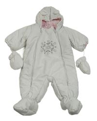 Bílá šusťáková zimní kombinéza s výšivkou a kapucí + rukavice Ergee