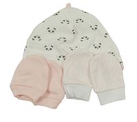 3set - Bílá čepice s pandami + světlerůžové rukavice + bílé rukavice s puntíky 