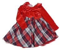 Červeno-kockované sametovo/šusťákové šaty s mašlou Dunnes