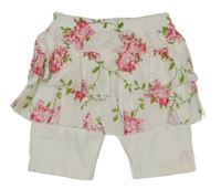 Biela plátenná vrstvená sukňa s kvetmi a všitými kraťasy