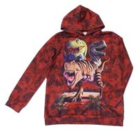 Červeno-černá mikina s dinosaury a kapucí 