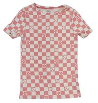 Ružovo-biele kockované rebrované tričko s kvietkami F&F