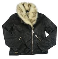 Černý koženkový podšitý křivák s kožešinovým límcem RIVER ISLAND