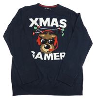 Tmavomodrý pletený svetr se sobem a nápisy C&A