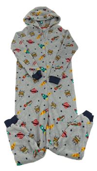 Šedo-tmavomodrá melírovaná plyšová kombinéza s raketami a planetami a kapucí Matalan