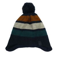 Tmavomodro-medovo-světlešedo-smaragdová čepice s bambulí H&M