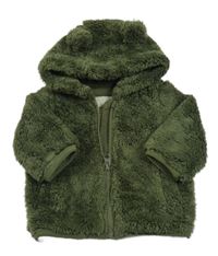 Khaki chlpatá podšitá bunda s kapucňou s uškami Tu