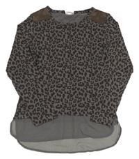 Tmavošedo/hnědé vzorované melírované úpletové mikinotriko so šifonovým voláunkem YIGGA