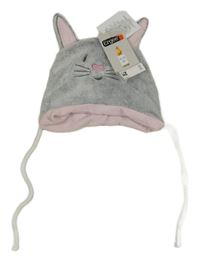 Nové - šedá plyšová zavazovací čepice - zajíček Ergee