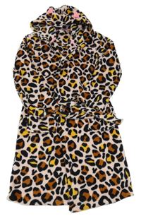 Svetloružová -čierno-hnedo-tmavožltý vzorovaný plyšový župan s kapucňou HEMA