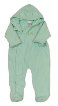 Mátová fleecová podšitá kombinéza s medvedíkmi a nášivkou a kapucňou s uškami