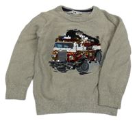 Béžový melírovaný sveter s hasiči s překlápěcími flitre C&A