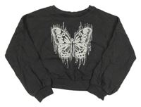Tmavosivá oversize crop mikina s motýlkom a flitrami Next