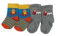 2x - Ponožky - Modro/pruhovano/červeno/žluté s opičkou, šedé melírované s nákladním autem