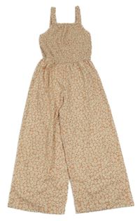 Starorůžovo-smetanový květovaný vzorovaný kalhotový culottes overal 